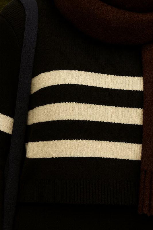 Model styled in a black striped two-piece knit set with long sleeves and relaxed fit pants, paired with white sneakers