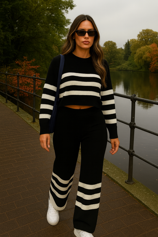 Woman wearing a black and ivory striped knit crop sweater with matching wide leg pants while walking outdoors near a lake