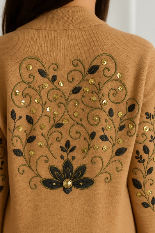 Brown jacket with intricate floral embroidery and gold accents on a plain background