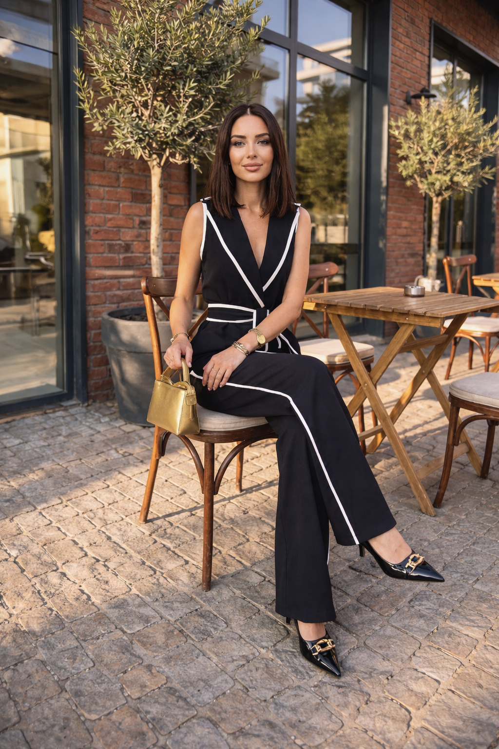 Woman styled in a black sleeveless wrap jumpsuit with white contrast trim and a tied waist belt, holding a gold purse on an outdoor patio.