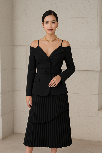 Woman wearing a black off-shoulder dress with a pleated skirt against a neutral wall.