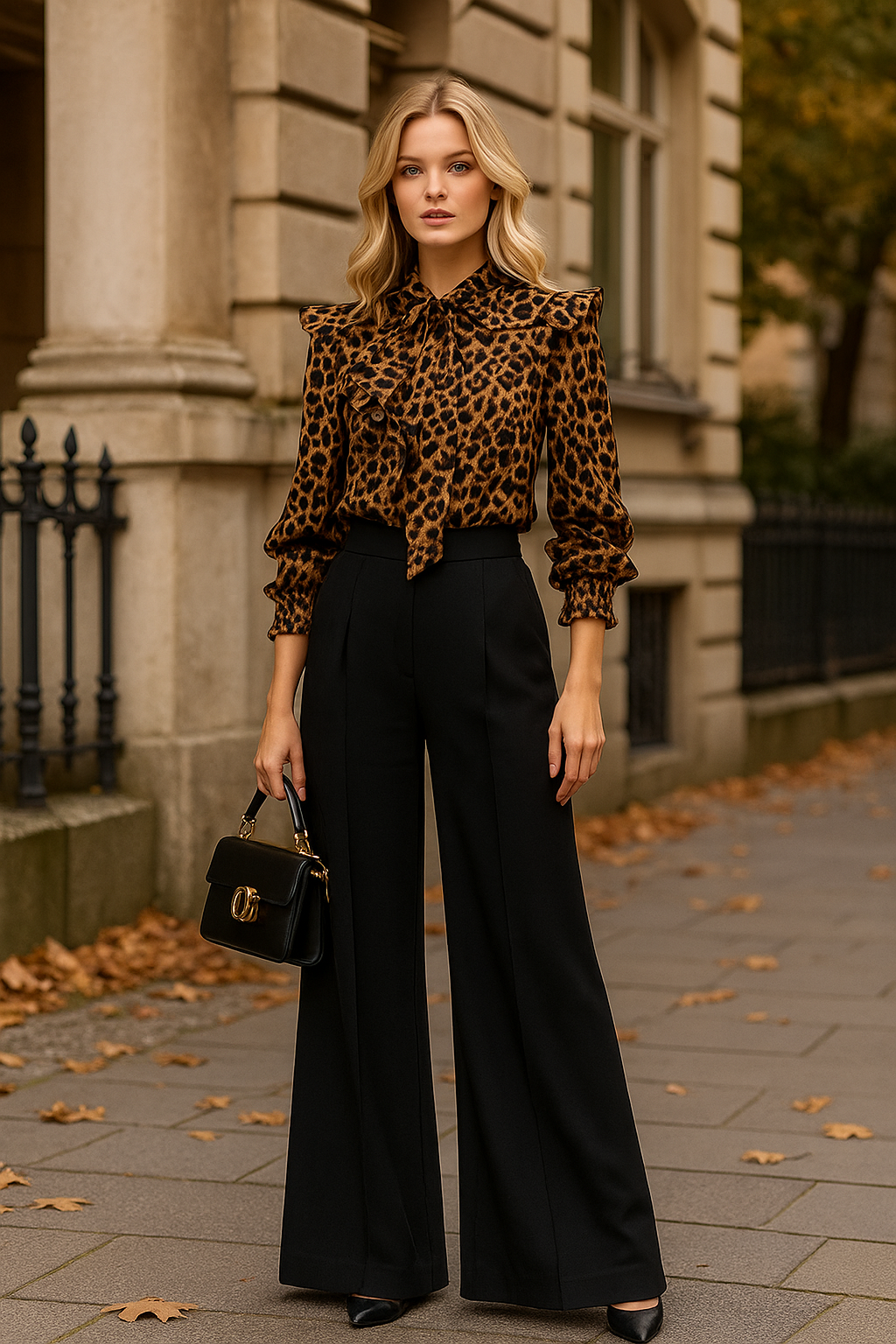 Woman in leopard print blouse and black pants standing on a street.