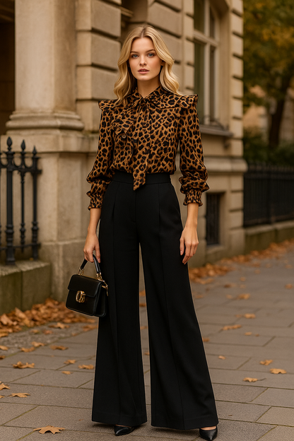Woman in leopard print blouse and black pants standing on a street.