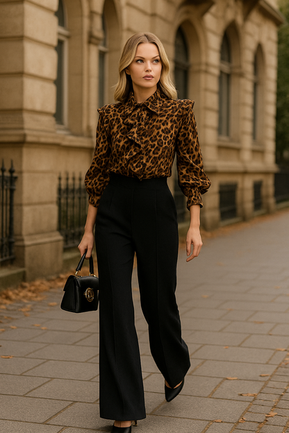 Woman in leopard print blouse and black pants walking on a sidewalk with a building in the background