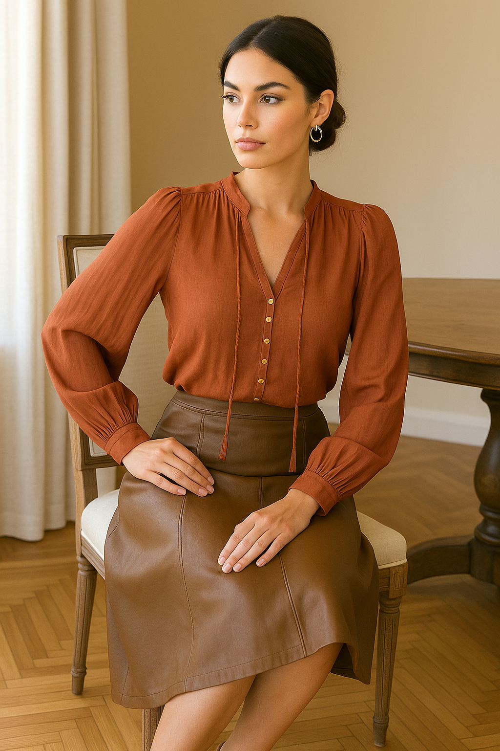 Woman wearing a rust-colored blouse and brown leather skirt sitting on a chair.