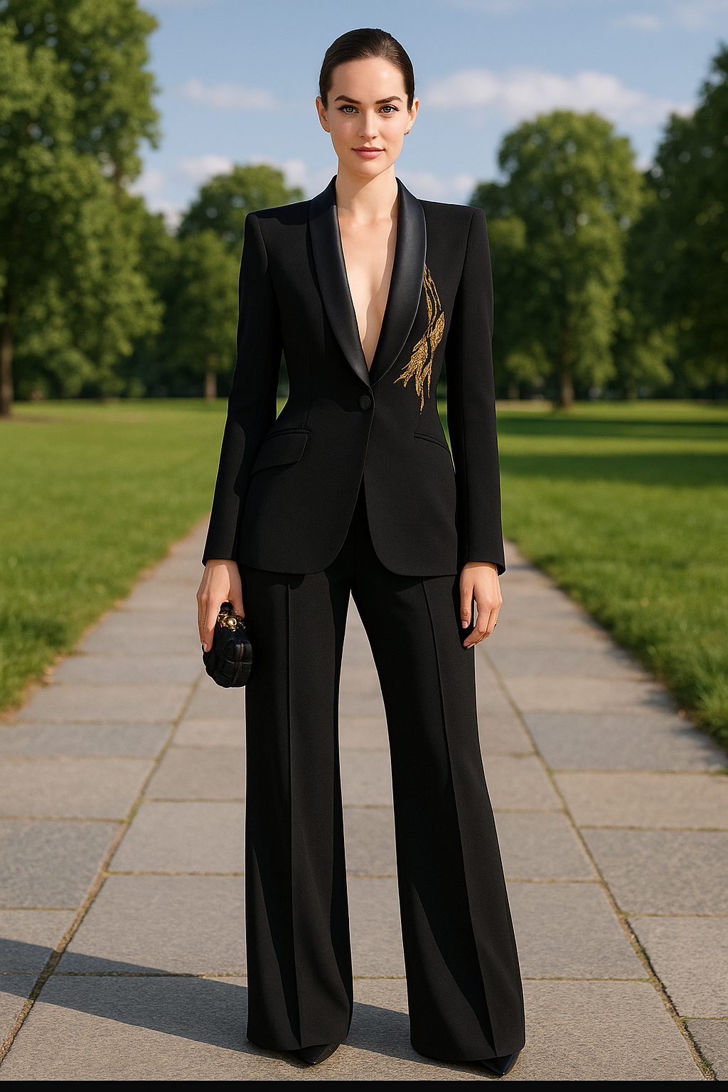 Woman in a black suit standing on a path with greenery in the background