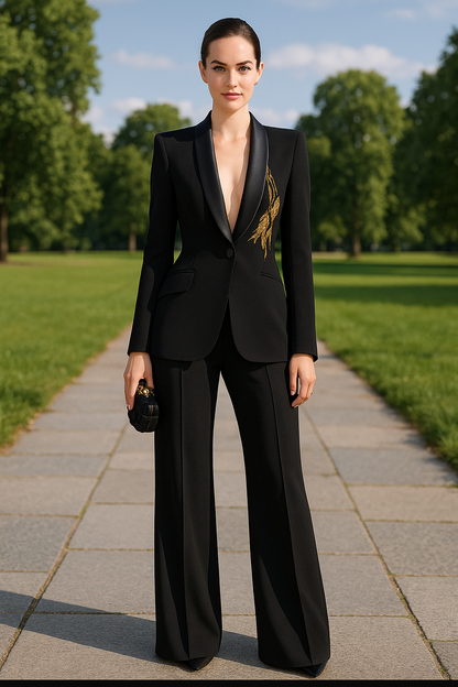Woman in a black suit standing on a path with greenery in the background