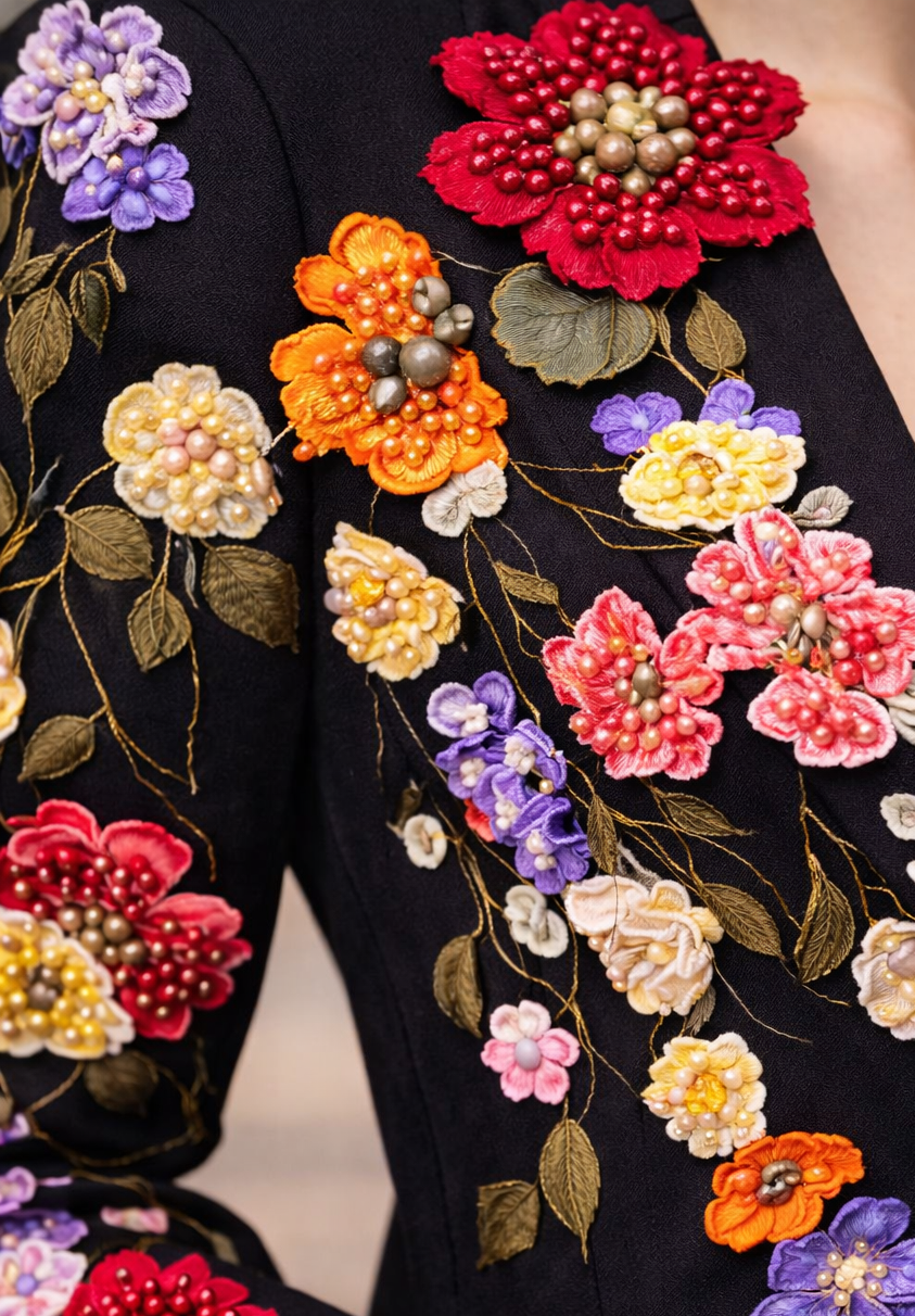 Close-up of black blazer featuring intricate multicolor floral embroidery with beaded details