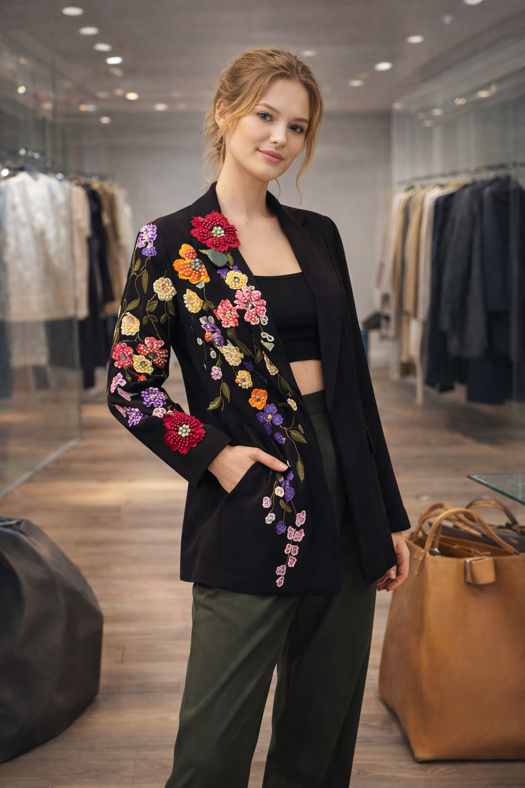 Black blazer with multicolor floral embroidery cascading along the front and sleeve.