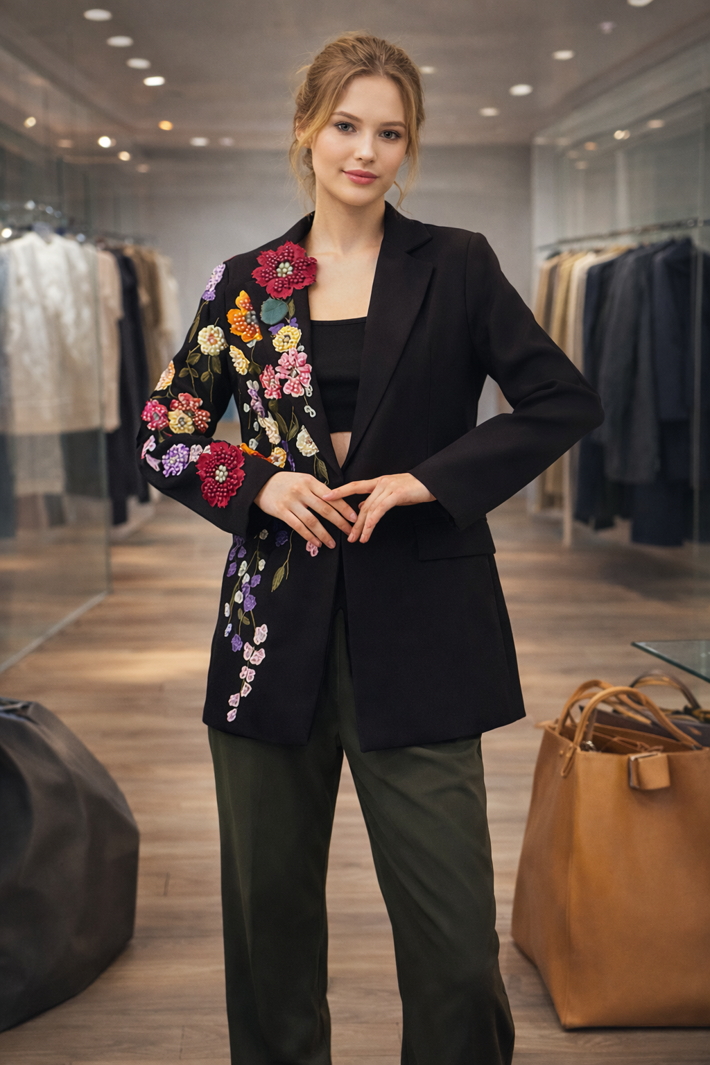 Black blazer with multicolor floral embroidery on one side.